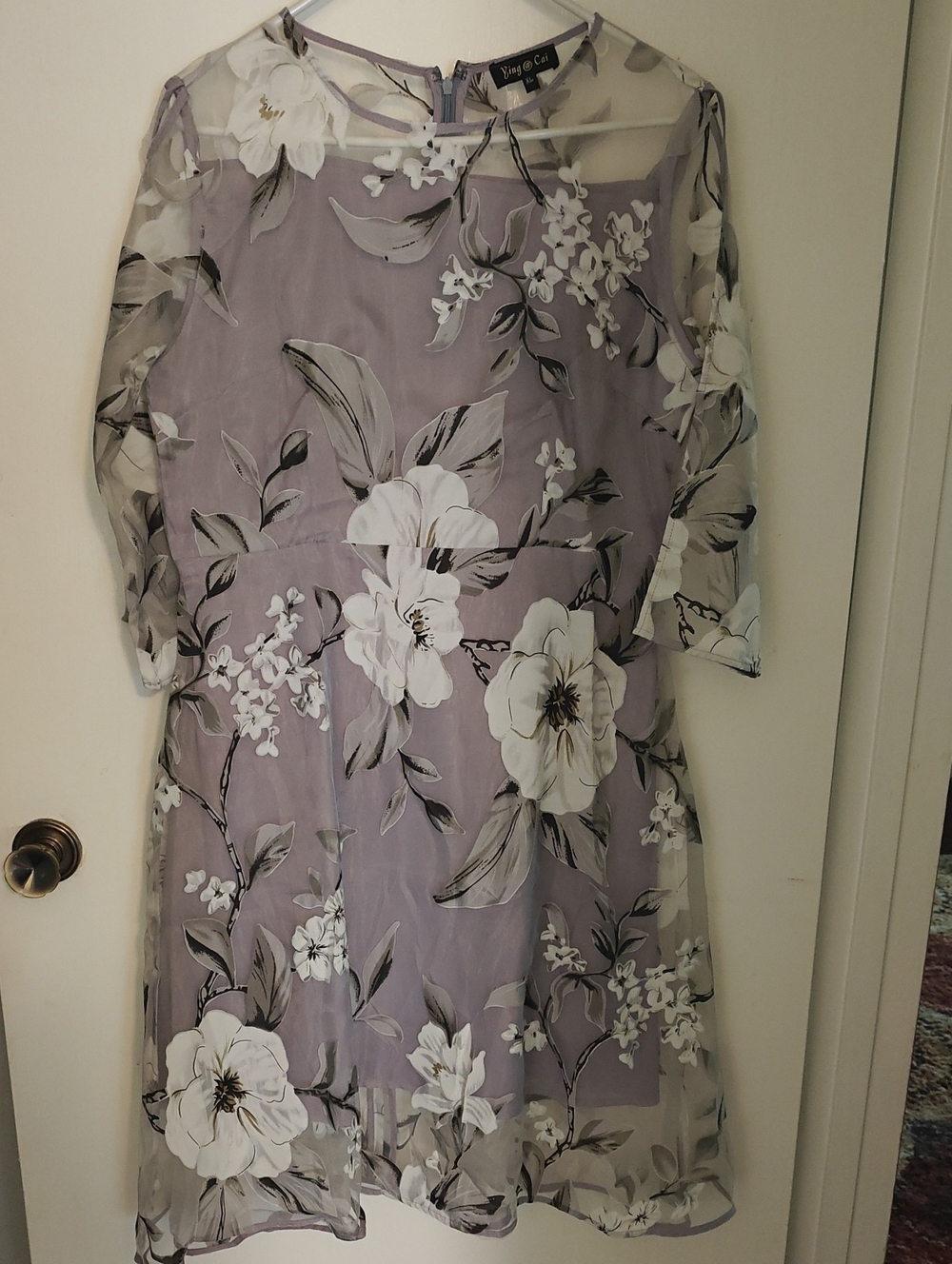 Floral Midi Dress, Gray And Black, Lavender Underdress, with Sheer Overlay
